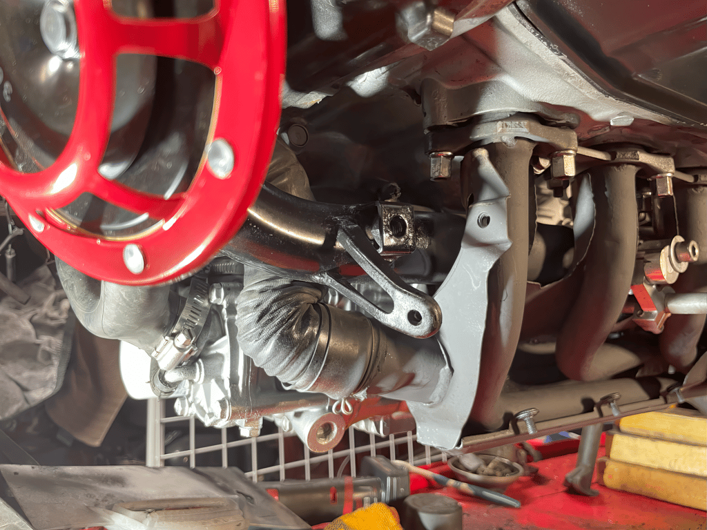 1995 red Honda Gold Wing GL1500 Interstate: engine area on the lift