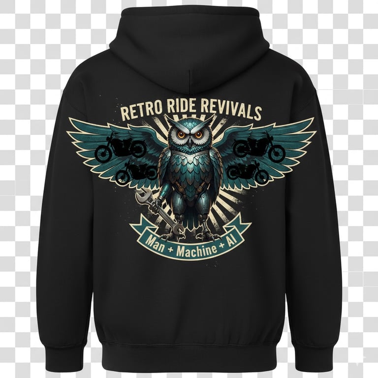 Wrench Ai artwork for the 1989 Honda Gold Wing GL1500 Aspencade build: hoodie design mockup with the owl logo