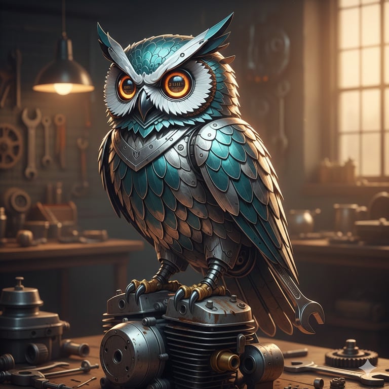 Wrench Ai artwork for the 1989 Honda Gold Wing GL1500 Aspencade build: owl mascot in a workshop