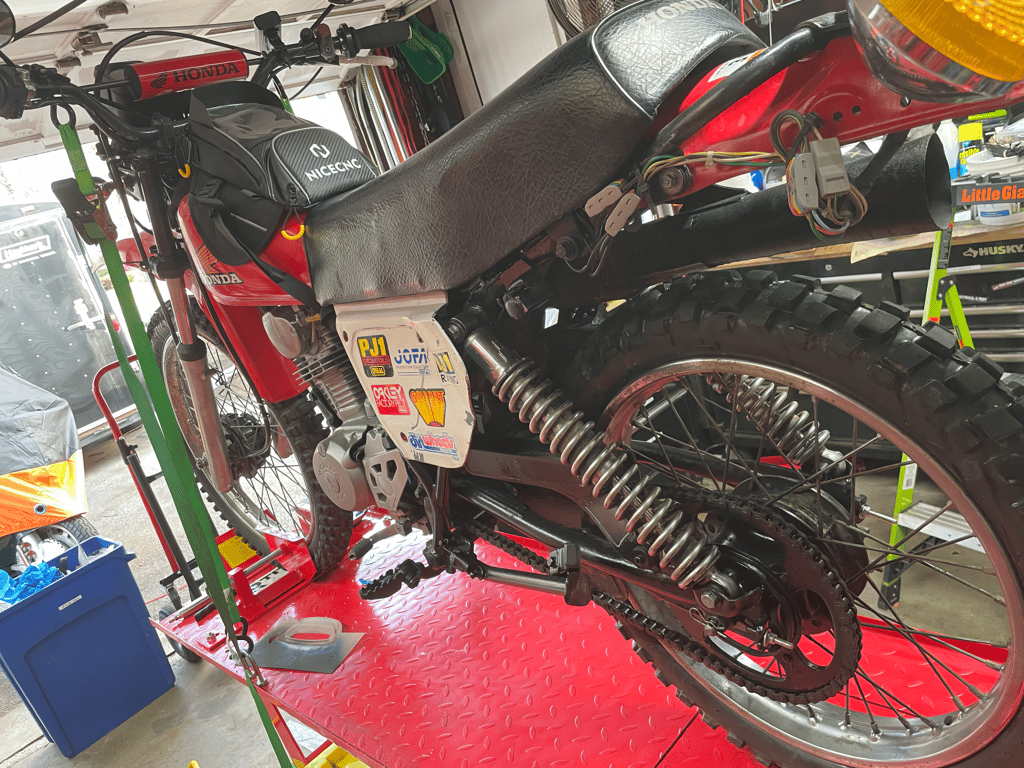 1979 Honda XL125s, during the rebuild: swingarm and rear wheel