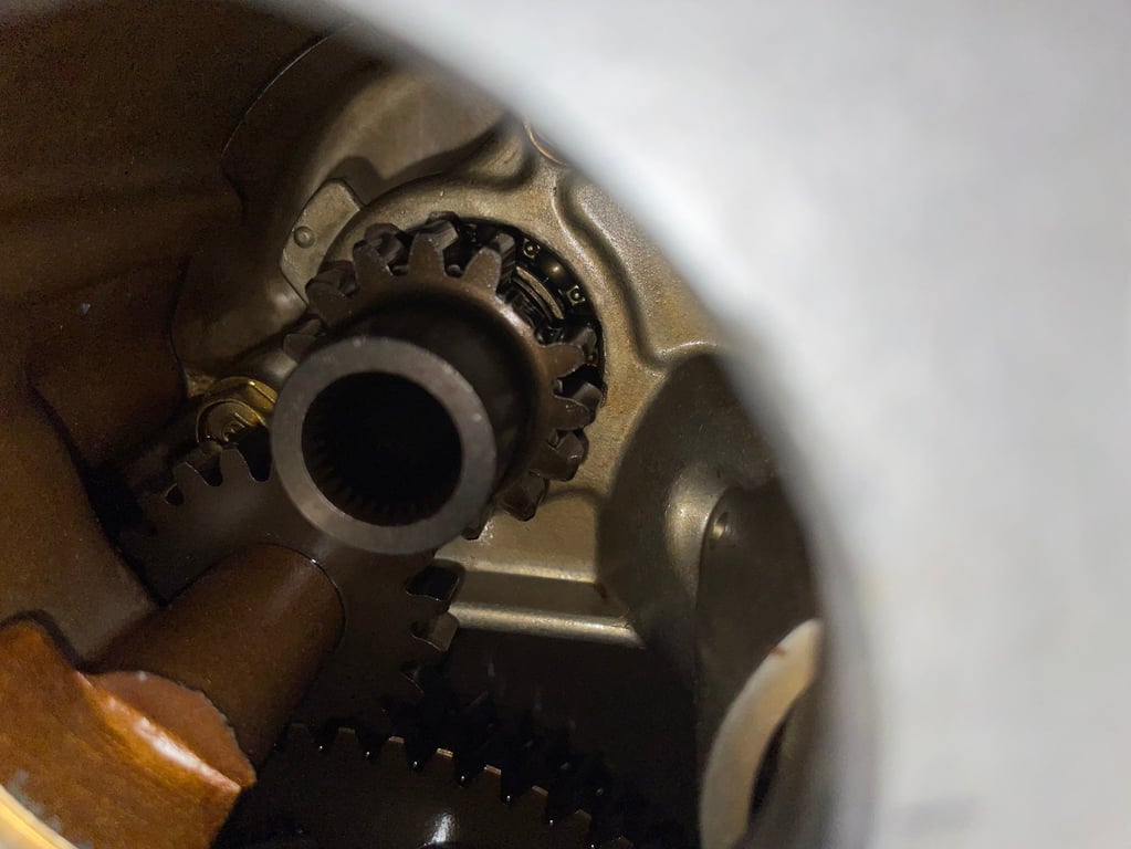 1995 red Honda Gold Wing GL1500 Interstate, before restoration: close-up inside an engine case opening