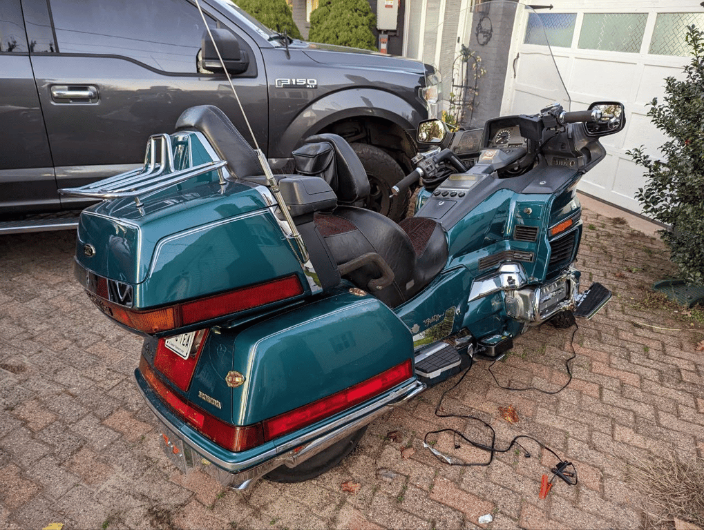 1995 Honda Gold Wing GL1500 Interstate, before restoration: rear three-quarter view on the driveway