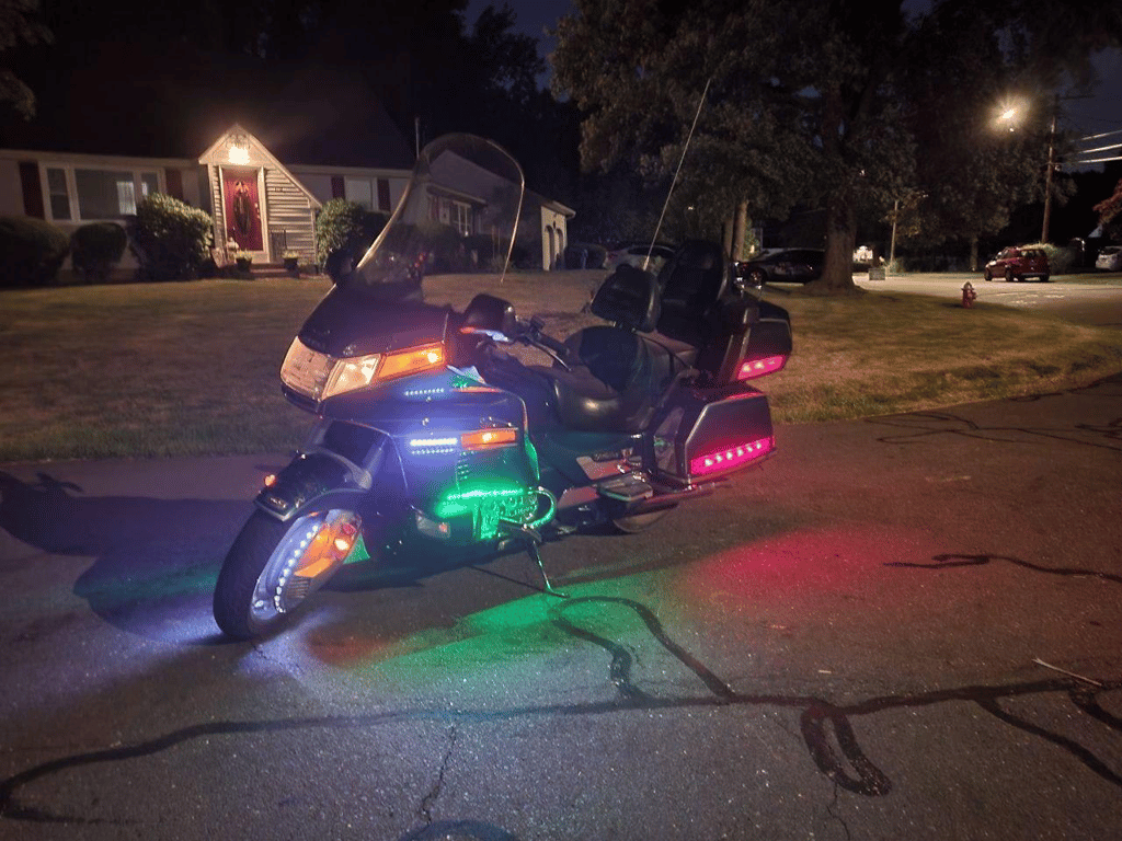 1995 Honda Gold Wing GL1500 Interstate, before restoration: parked at night with accent lights on
