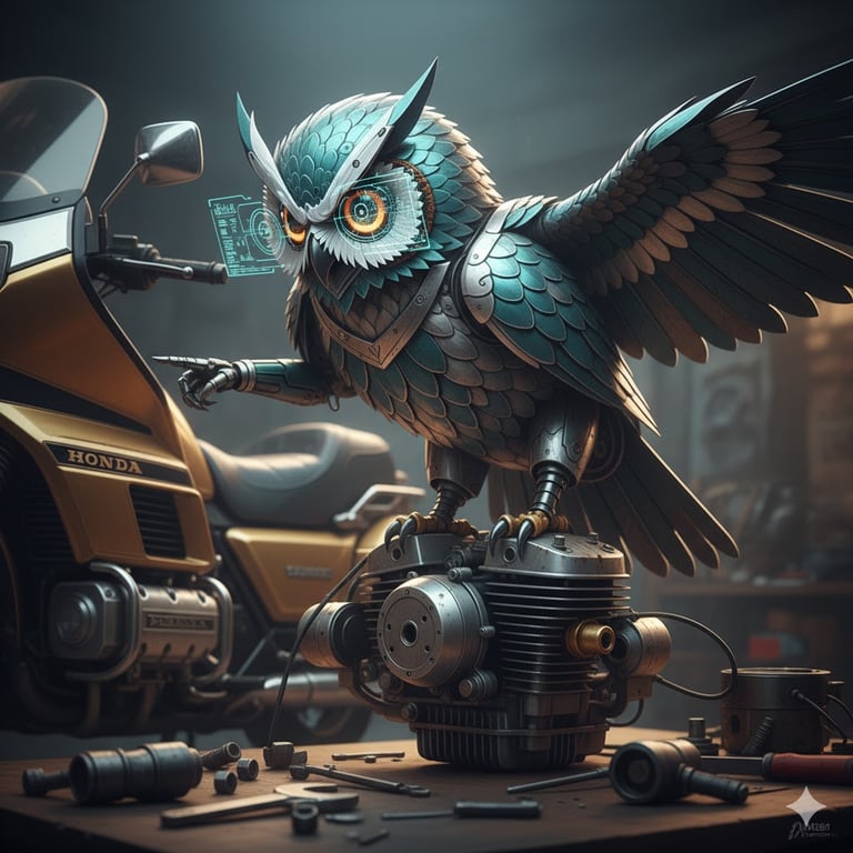 Wrench Ai artwork for the 1989 Honda Gold Wing GL1500 Aspencade build: owl mascot in a workshop