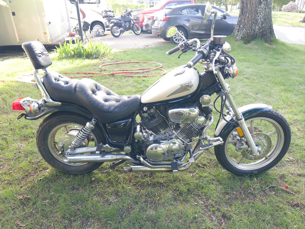 1995 Yamaha Virago 1100, completed restoration: side view on the lawn